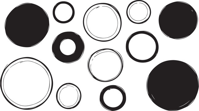 A vector set of hand-drawn sketchy black solid circles and outlined rings on a white background.