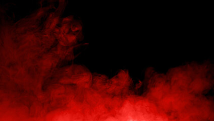 Abstract red smoke cloud swirling on black background with dramatic flowing texture and copy space, ideal for fire, danger, energy, mystery, vapor, fog, and atmospheric design concepts. © wanchai peatoo