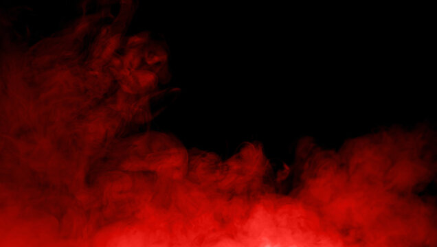 Abstract red smoke cloud swirling on black background with dramatic flowing texture and copy space, ideal for fire, danger, energy, mystery, vapor, fog, and atmospheric design concepts.