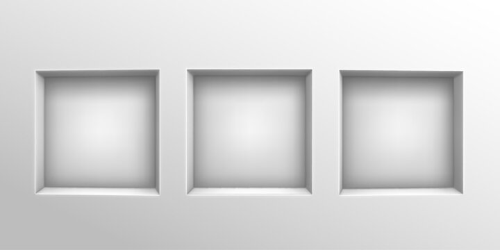 Wall niche with shelf design and 3D box display for product showcase. Empty white frame with background for gallery exhibitions. Modern room interior with realistic recess and minimal aesthetic.