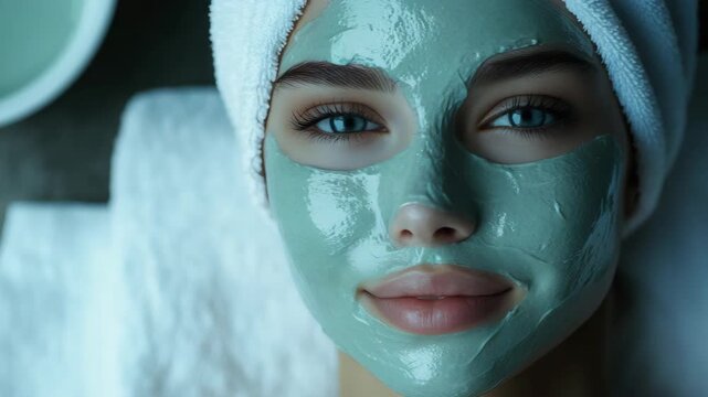 A woman's face with green clay or mud mask applied. She has striking blue eyes and is wrapped in white towels.