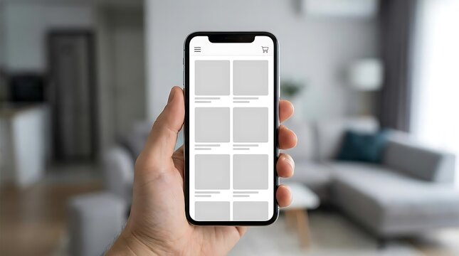 Hand holding mobile phone with app wireframe.