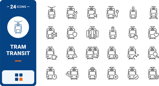 Tram Web Icon Set in Linear Style. Collection of Streetcar Transit line icons, including check mark, security, repair, schedule, location, speed motion, dual cars and more.