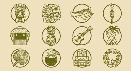 Hawaiian Icons Set - Tiki, Hibiscus, Canoe, Hula Dancer, Hut, Pineapple, Ukulele, Surfboards, Fan, Coconut Drink, Luggage, Lei. © Faiz