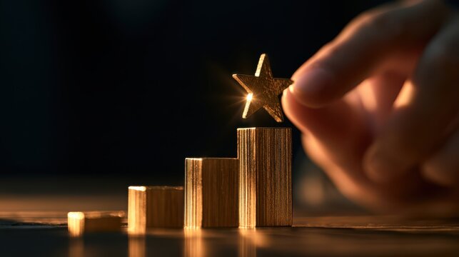 A hand places a golden star on the tallest wooden block in a rising bar chart, symbolizing achievement, success, and growth.