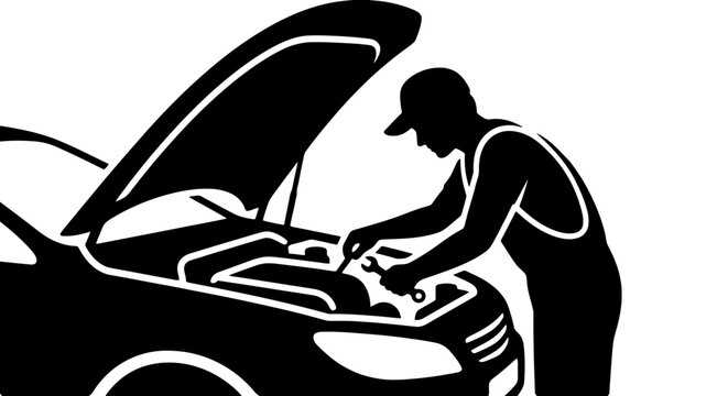 Car mechanic repairing engine icon, auto service technician with open hood vector illustration, garage repair shop maintenance silhouette logo symbol isolated on white background decal