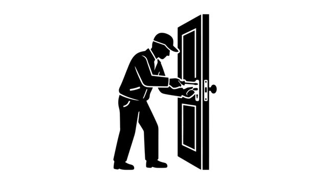Locksmith repairing door lock icon, burglar breaking opening wooden door vector illustration, handyman service security threat silhouette graphic symbol isolated on white background