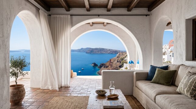 Luxury Mediterranean Villa Living Room with Santorini Caldera Sea View