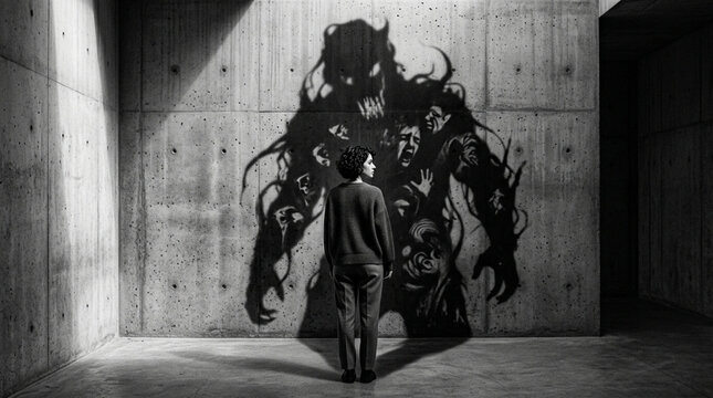 Boy Confronts Inner Demon Shadow on Concrete Wall
