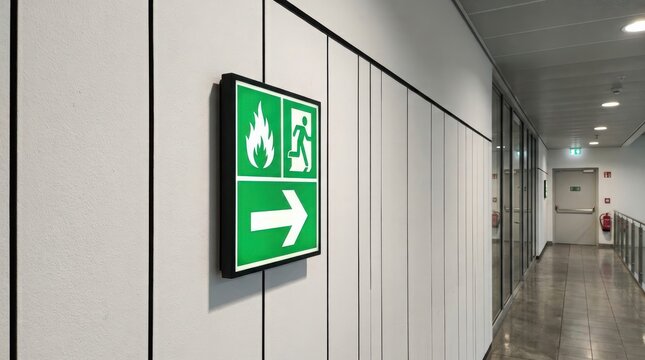 Green fire emergency exit sign with flame icon and arrow pointing right mounted on office wall