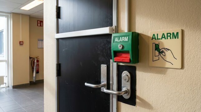 Emergency alarm button and handle on a black door in a hallway