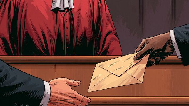 An illustration from a first-person perspective showing a judge in a red robe and white jabot in a courtroom, receiving a white envelope from a lawyer in a suit.