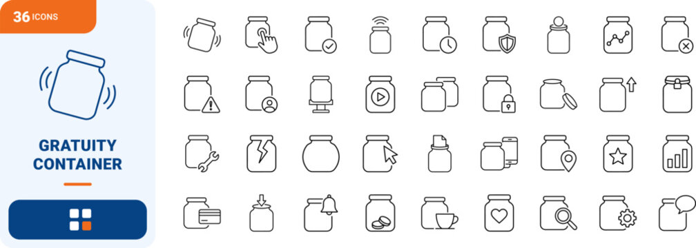 Tip Jar Web Icon Set in Linear Style. Collection of Donation Glass line icons, including check mark, settings, security, coin drop, paper document, broken glass, mobile payment, coffee tip and more.