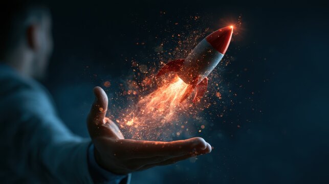 A glowing red rocket ignites and launches above an outstretched hand, symbolizing innovation and futuristic technology.