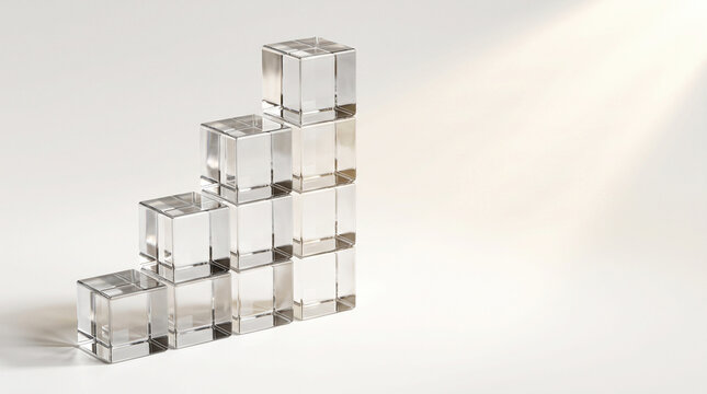 Step bar chart made of glass cubes with light ray and copy space for business growth