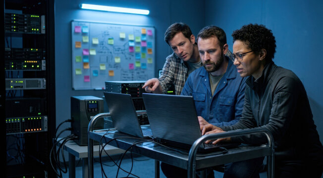 Enterprise IT team rehearsing AI failover in a server room with backup hardware, UPS power unit, and whiteboard notes.