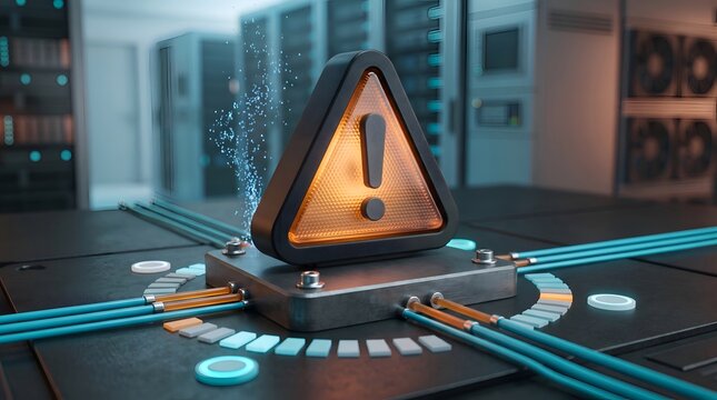Data corruption warning concept featuring an orange alert triangle emitting digital particles on a processor