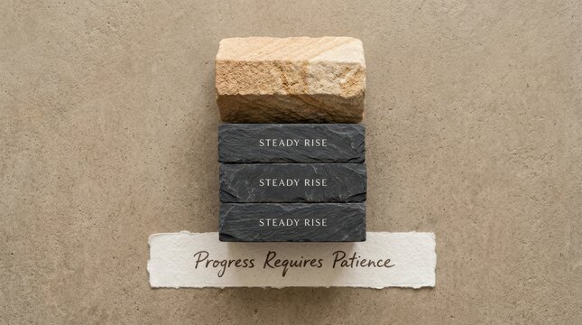 Minimalist stack of dark and light stones on textured floor with torn paper note saying progress requires patience and steady rise labels on dark blocks for business growth motivation imagery fine art