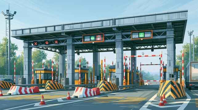 A detailed photo of a modern highway toll plaza station on a bright sunny day, featuring electronic lane signals, payment booths, and safety traffic barriers.