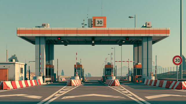 A cinematic photo of a modern highway toll booth plaza on a sunny day, featuring multiple lanes, orange safety barriers, and speed limit signs.