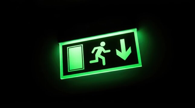 Glowing green emergency exit sign with running man icon and downward arrow