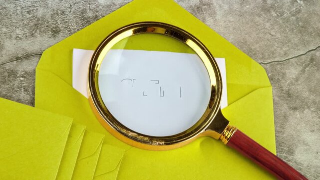 A magnifying glass reveals hidden text on a yellow envelope. The clear letters show up as the viewer adjusts the angle. It displays how details can be uncovered