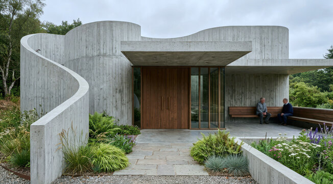 Contemporary chapel entrance with curved concrete walls, wooden doors, native planting beds, and shaded gathering terrace