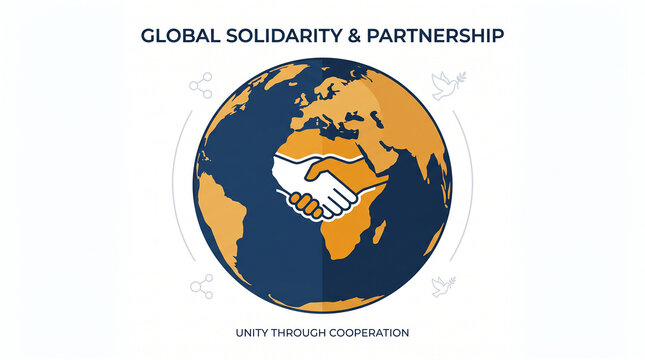 Earth illustration with orange continents blue oceans central handshake symbolizing cooperation unity global solidarity partnership unity through cooperation international collaboration  generative ai