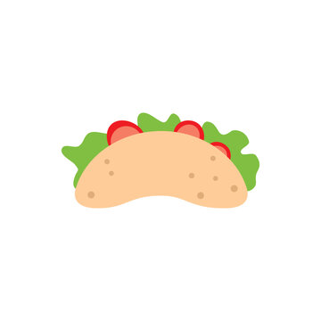 Flat Vector Cartoon Taco Icon with Lettuce and Tomato Illustration