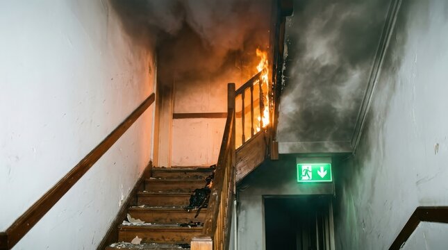 Staircase in a burning building with smoke and fire