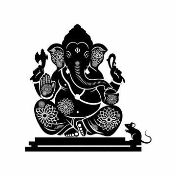 Black silhouette illustration of Hindu god Ganesha with his mouse vahana