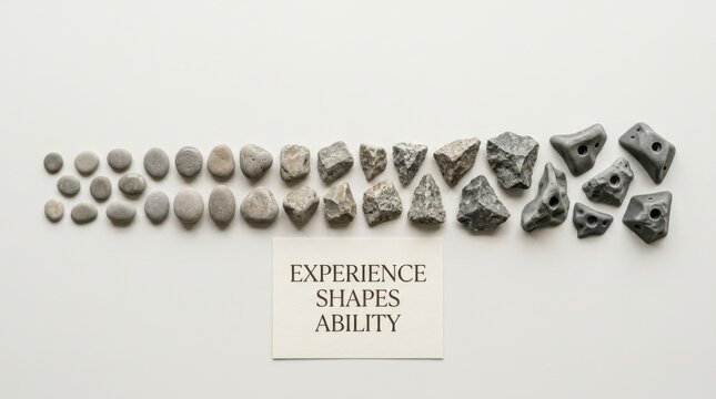 Smooth pebbles evolving into sharp jagged rocks beside a motivational card with text stating experience shapes ability, showcasing the process of skill development and resilience in a