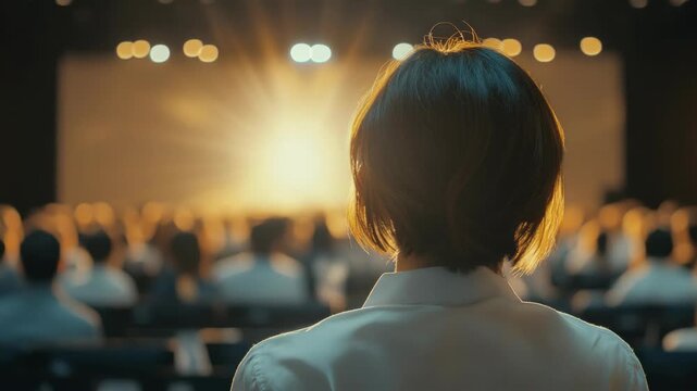 Audience seated in dimly lit theater. Sunlight shines through stage lights behind. Person in white shirt faces front. Focus on back of head and shoulders. Soft bokeh enhances background glow