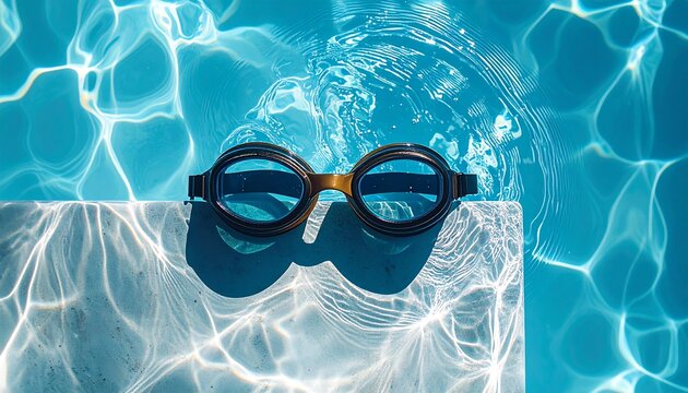 Swimming goggles resting on the edge of a bright blue swimming pool with shimmering water reflections
