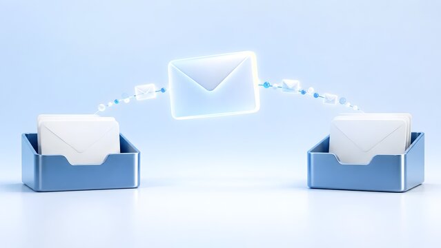 3D concept of sending and receiving electronic mail with flying envelope between inbox and outbox trays