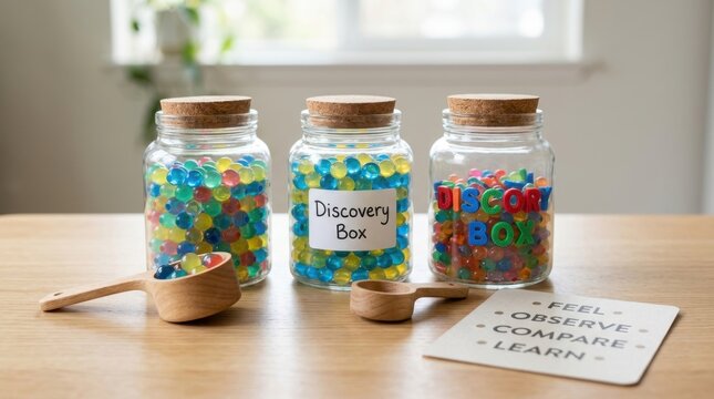 Vibrant educational sensory discovery jars filled with colorful water beads and wooden scoops on a bright wooden table, supporting early childhood development and tactile learning via exploration task