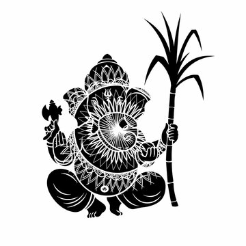 Intricate Ganesha mandala silhouette with sugarcane