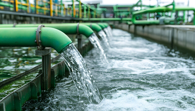 A reservoir receiving purified water through green pipes at an industrial water treatment plant focused on sustainability