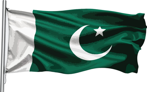 Elegant Fluttering Pakistan National Flag with Pole | Jashn-e-Azadi Mubarak Holiday Background | Satin Texture Patriotic Country Flag Design