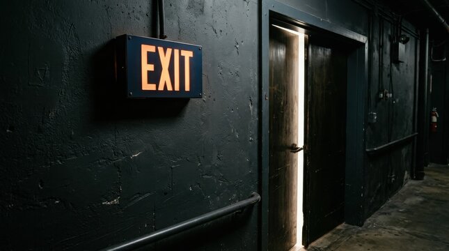 Illuminated exit sign on a dark textured wall next to an open door