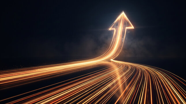 Glowing upward arrow made of golden light trails on dark background symbolizing progress success growth innovation and futuristic business technology advancement concept  generative ai