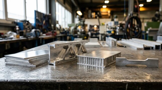 Aerospace aluminum alloys, wing spar section, honeycomb panel, and tensile test coupon on a steel bench for aircraft structure and materials engineering.