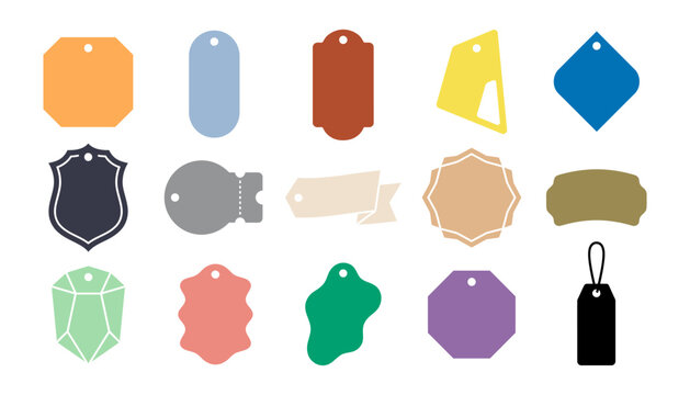 A collection of colorful blank price tag badge label designs featuring various shapes and styles for retail marketing promotions and product identification in flat vector