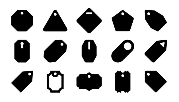 A collection of black silhouette shapes featuring a versatile price tag badge label design set for retail marketing sales promotions and creative product branding projects