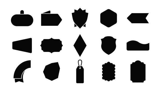 A collection of various black silhouette shapes including a price tag badge label design set for retail marketing promotion and creative graphic design project elements