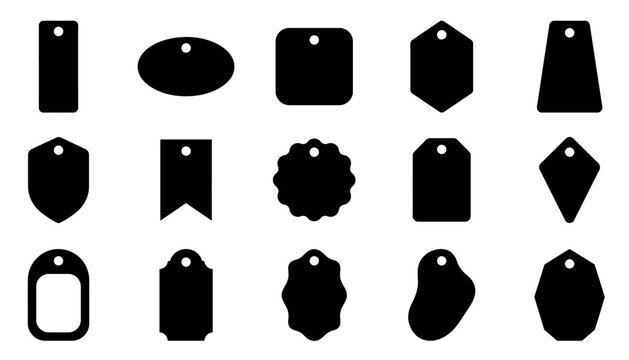 A collection of various black shapes representing a price tag badge label design set isolated on a white background for retail and marketing promotional use