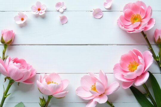 Pastel spring blooms arranged on white wood, ample copy space , background, Easter
