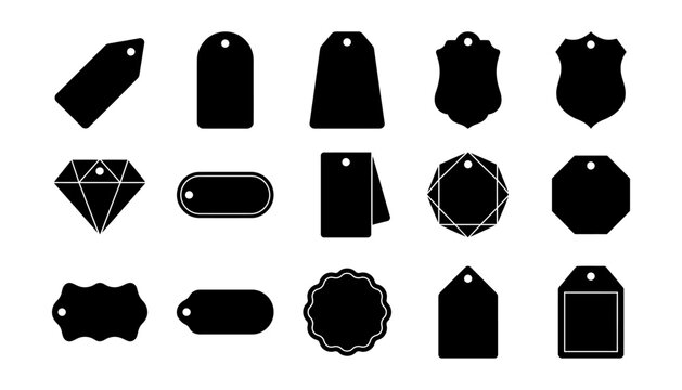 A collection of various black shapes including a price tag badge label design set isolated on a white background for retail marketing and product branding