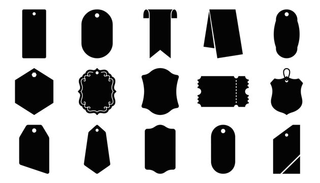 A collection of various black silhouette shapes representing a price tag badge label design set for retail marketing sales promotions and commercial product branding projects