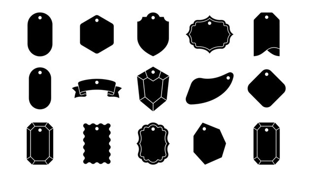 A collection of various decorative shapes including a black price tag badge label design set isolated on a white background for retail marketing sales promotion